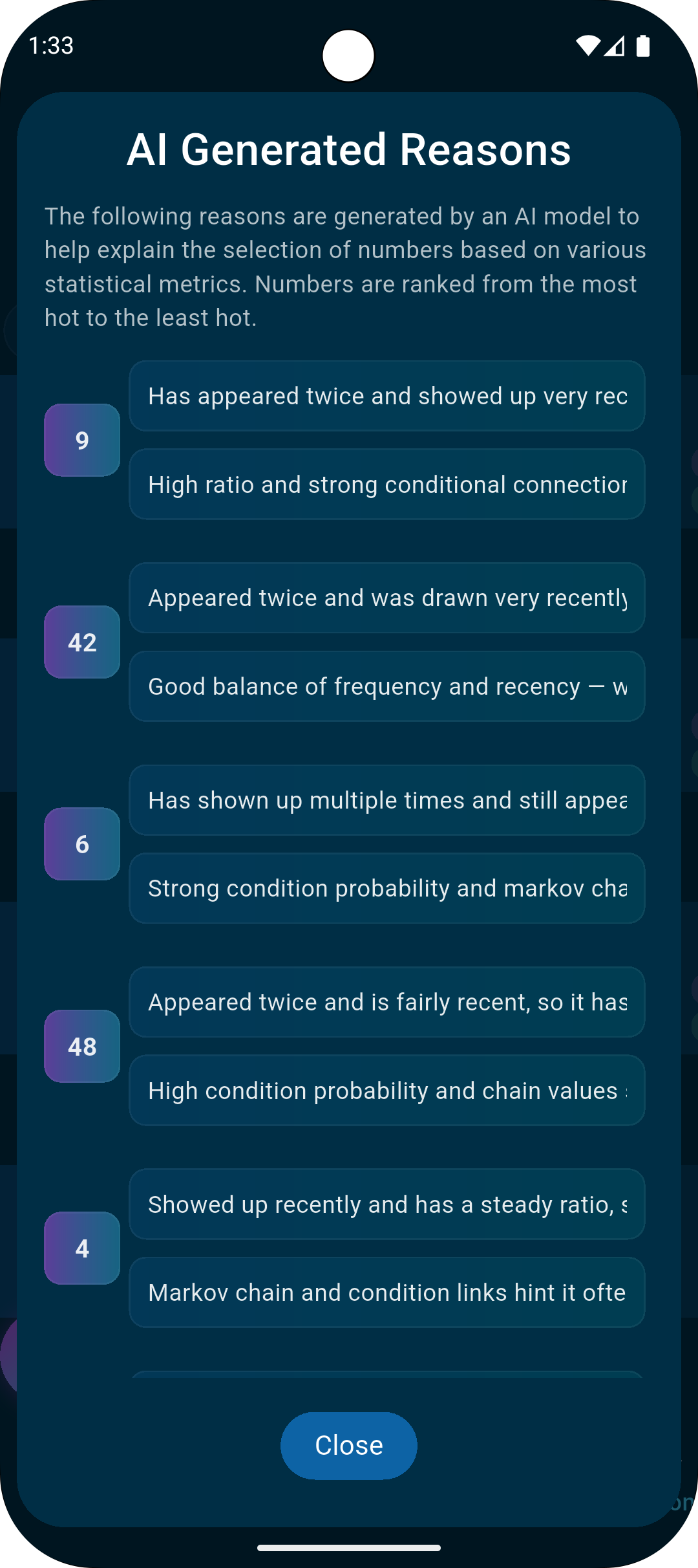 AI analysis results with selected numbers and reasons